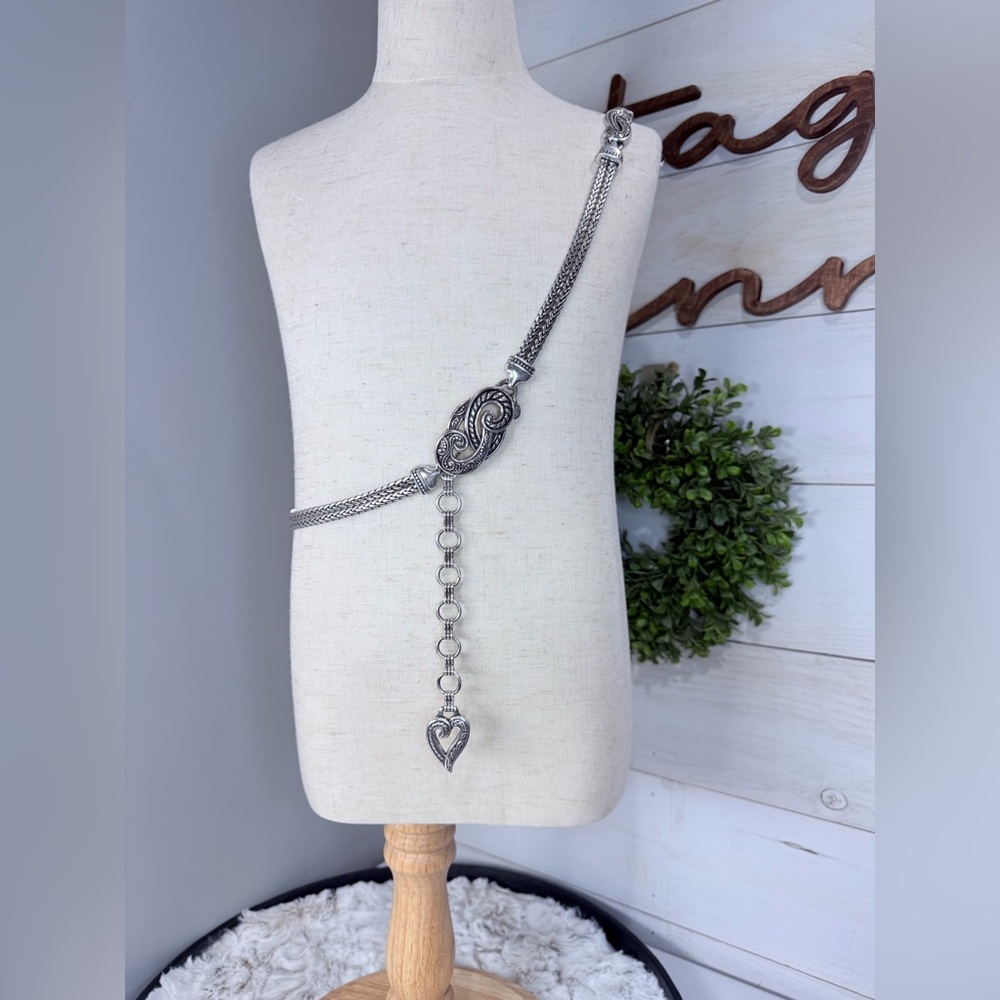 Vintage Silver Tone Chain Belt Scroll Heart Dangle Charm Adjustable Boho Western